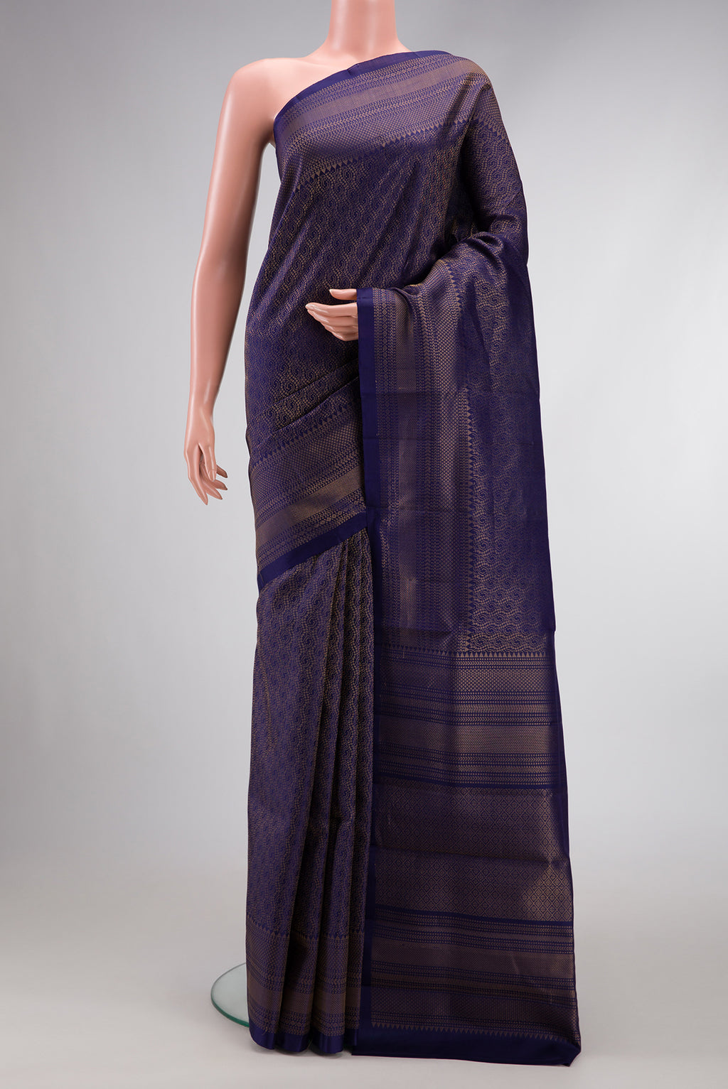 Navy Blue Dual Tone Soft Silk Saree with Zari Brocade on the body and Zari Border.  displayed on a mannequin