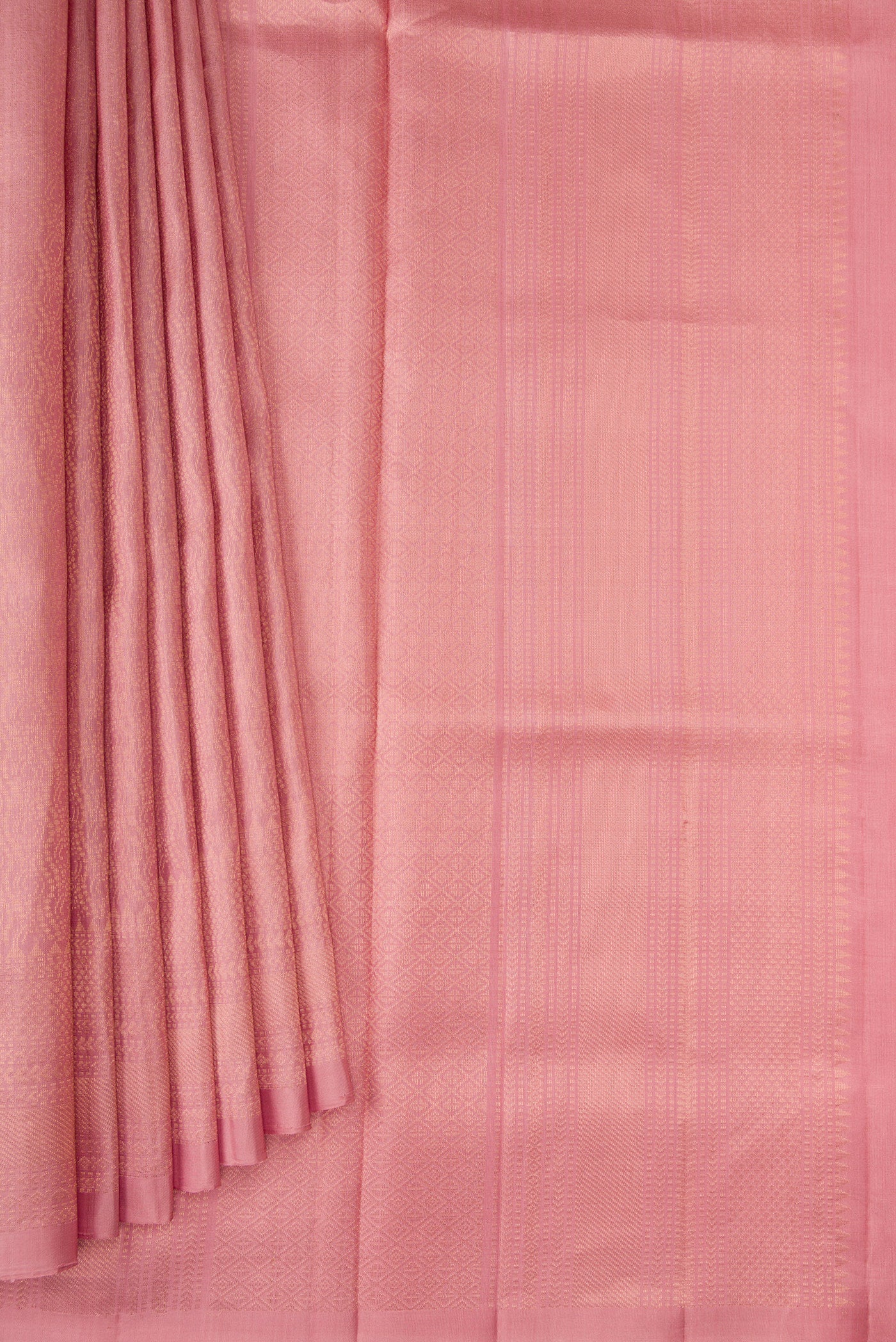 Pleats and pallu of Rose Gold Dual Tone Soft Silk Saree with Zari Brocade on the body and Zari Border. 