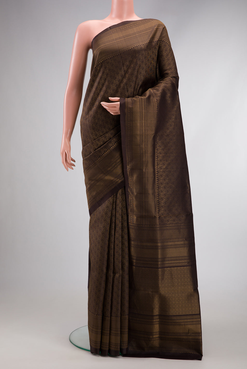 Coffee Brown Dual Tone Soft Silk Saree with Zari Brocade on the body and Zari Border.  displayed on a mannequin