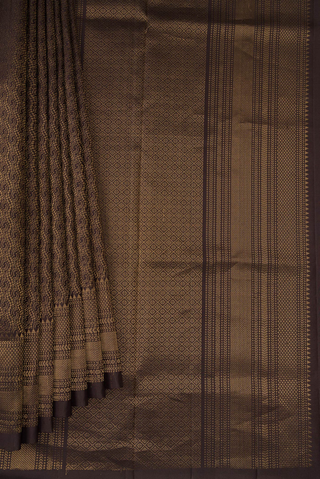 Pleats and pallu of Coffee Brown Dual Tone Soft Silk Saree with Zari Brocade on the body and Zari Border. 