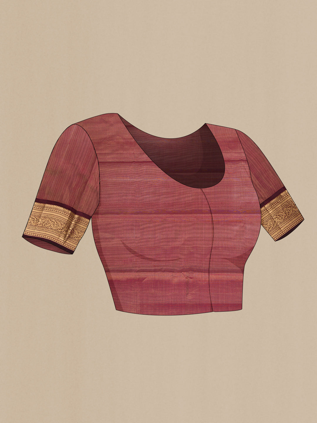 Close up image of the blouse of Maroon Dual Tone Kanchipuram Tissue Silk Saree with Zari Brocade on the body and Zari Border. 