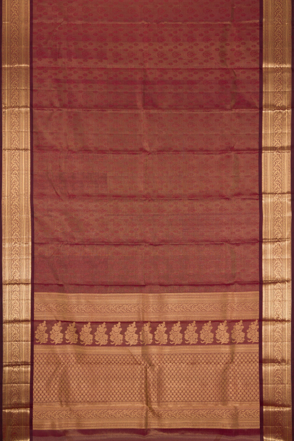 Flat view of Maroon Dual Tone Kanchipuram Tissue Silk Saree with Zari Brocade on the body and Zari Border. 