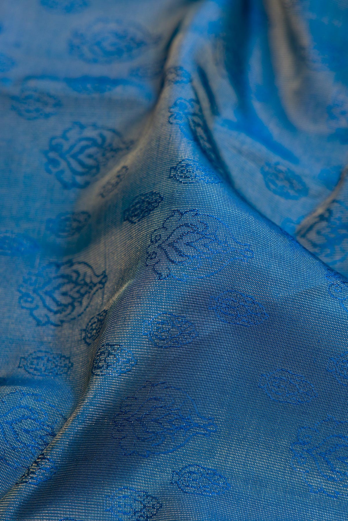 Close up of Maya Blue Dual Tone Kanchipuram Tissue Silk Saree with Zari Brocade on the body and Zari Border.  displaying folds