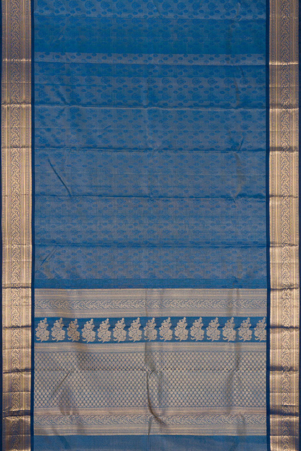 Flat view of Maya Blue Dual Tone Kanchipuram Tissue Silk Saree with Zari Brocade on the body and Zari Border. 