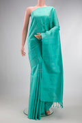 Sky Blue Dual Tone Soft Silk Saree with Stripes on the body and Without Border.  displayed on a mannequin