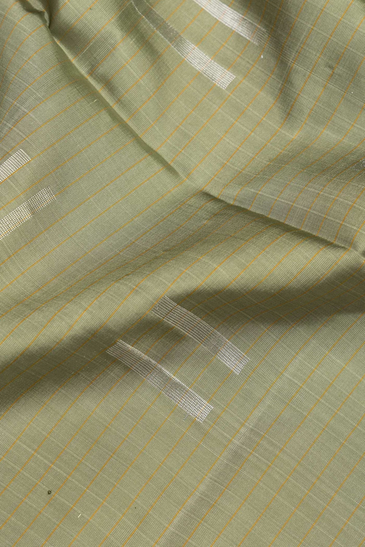 Close up of Pista Green Dual Tone Soft Silk Saree with Zari Butta on the body and Zari Border.  displaying folds