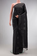 Black Dual Tone Soft Silk Saree with Stripes on the body and Zari Border.  displayed on a mannequin