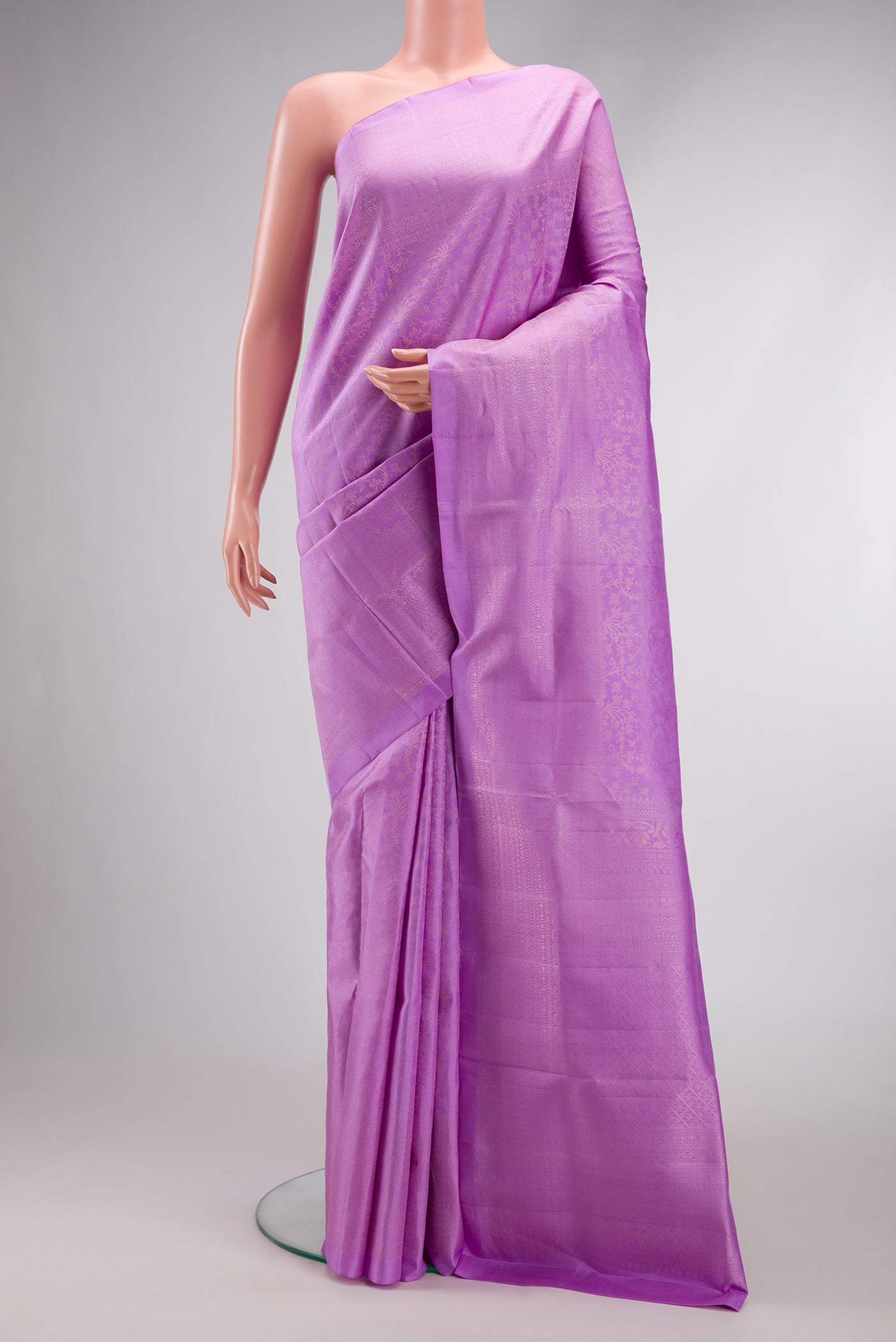 Lavender Dual Tone Soft Silk Saree with Zari Brocade on the body and Zari Border.  displayed on a mannequin