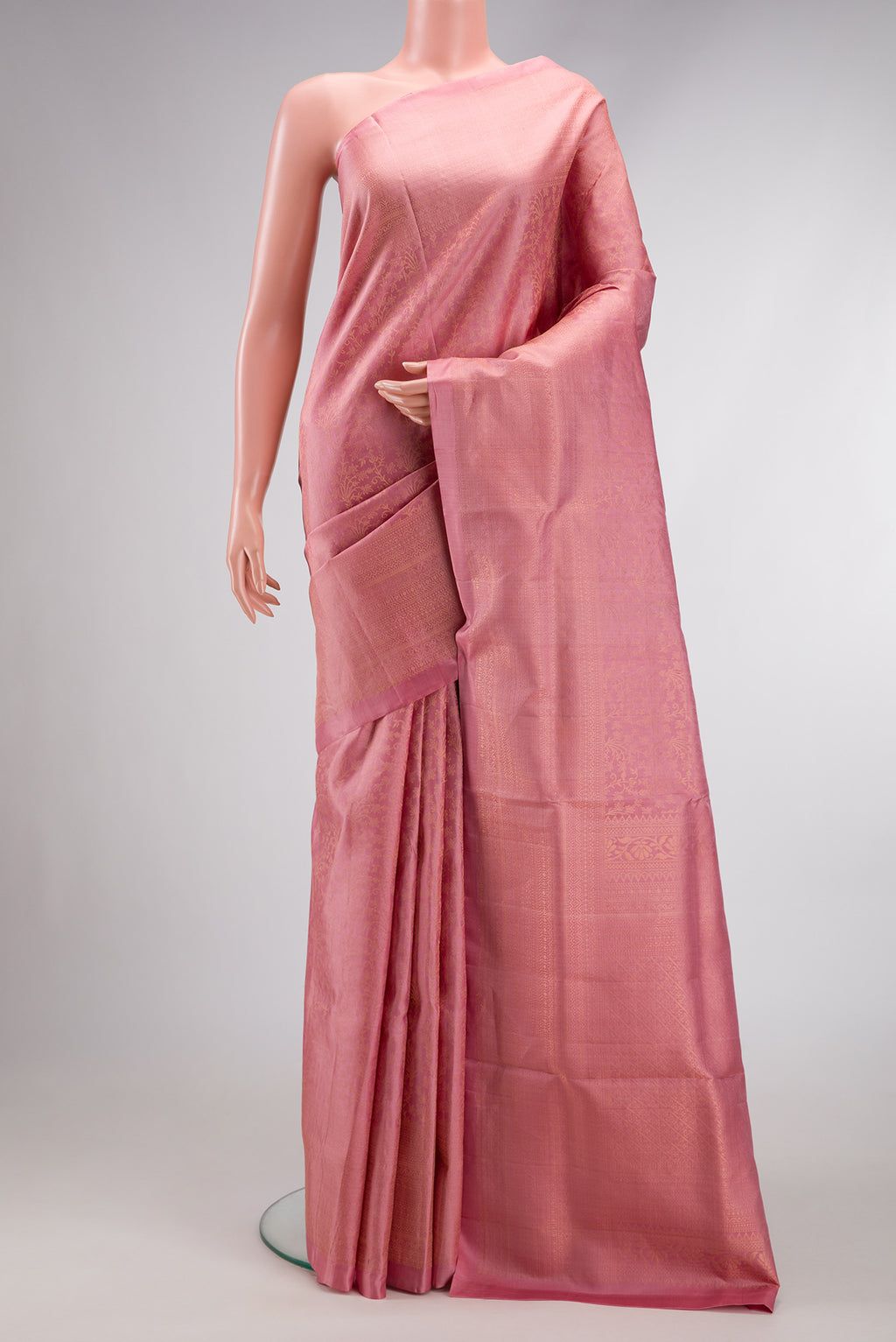 Pink Dual Tone Soft Silk Saree with Zari Brocade on the body and Zari Border.  displayed on a mannequin