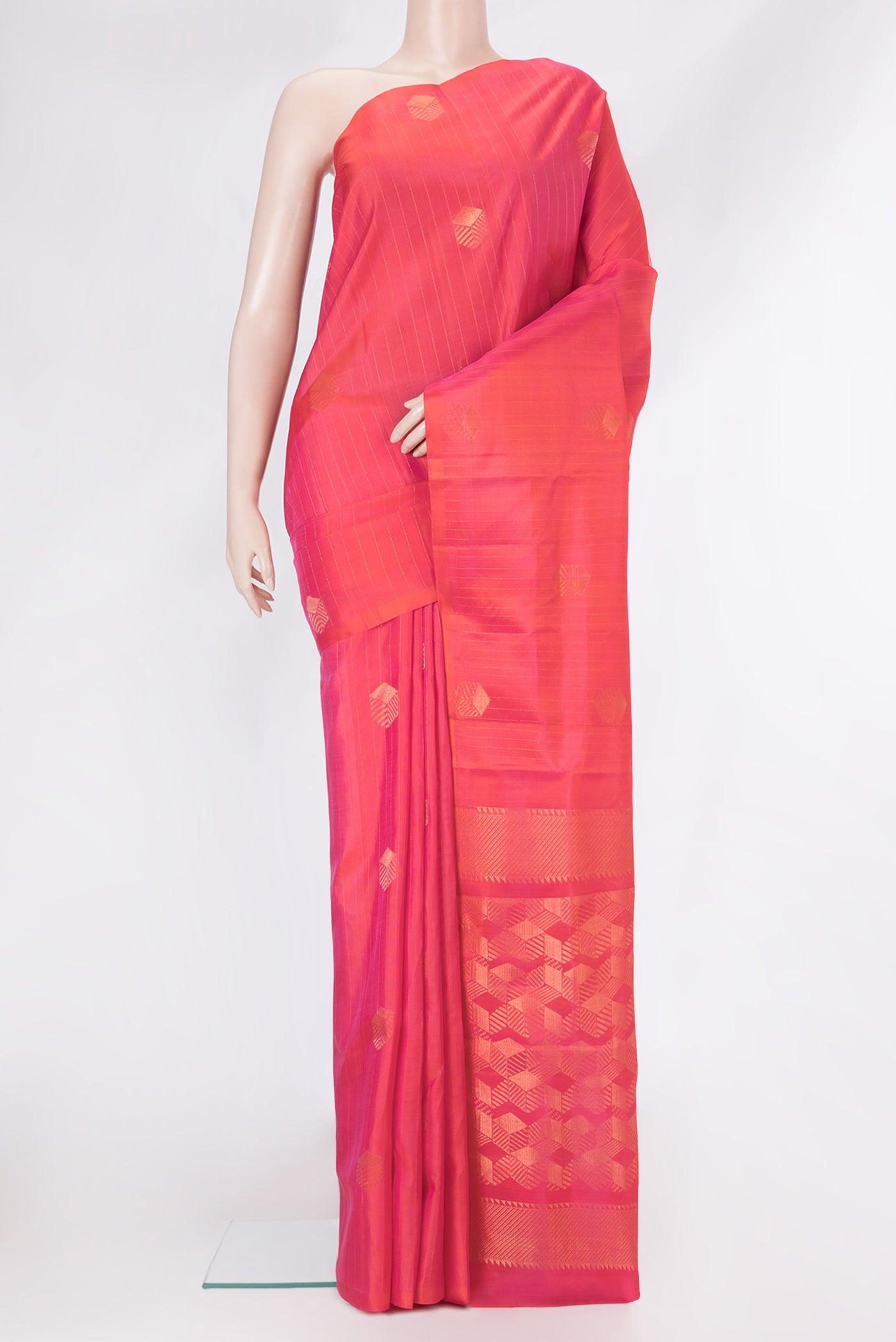 Pink Dual Tone Soft Silk Saree with Stripes on the body and Without Border.  displayed on a mannequin