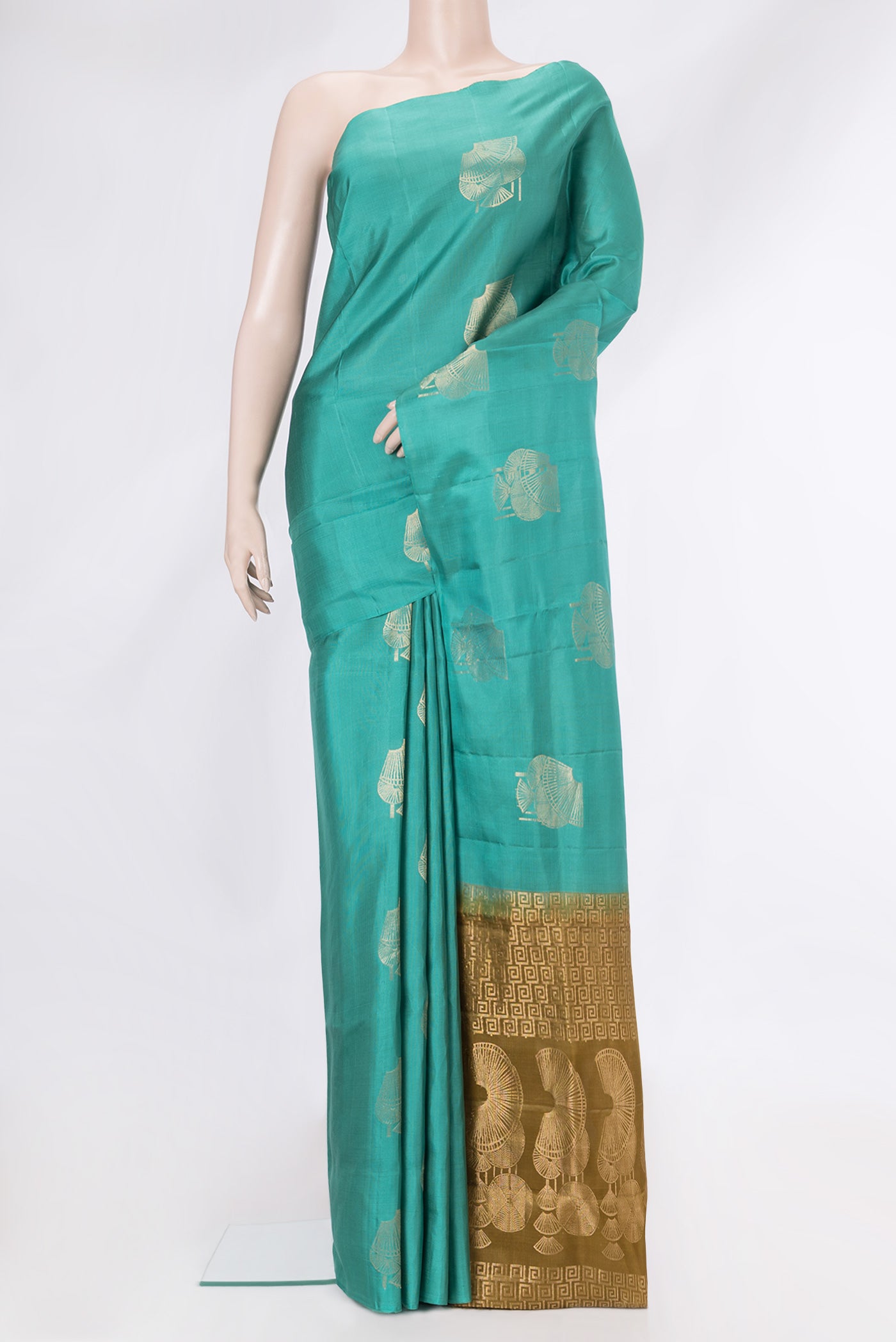 Sea Green Dual Tone Soft Silk Saree with Zari Butta on the body and Without Border.  displayed on a mannequin