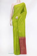 Green Soft Silk Saree with Stripes on the body and Without Border.  displayed on a mannequin
