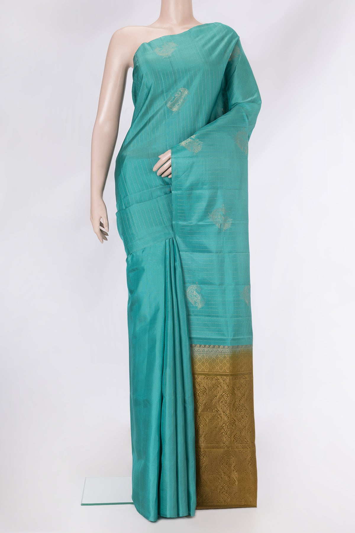 Sea Green Dual Tone Soft Silk Saree with Stripes on the body and Without Border.  displayed on a mannequin