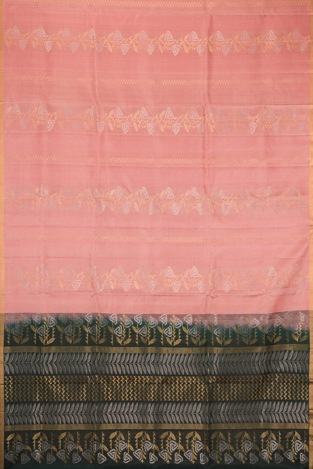 Flat view of Golden Peach Dual Tone Soft Silk Saree with Zari Butta on the body and Zari Border. 