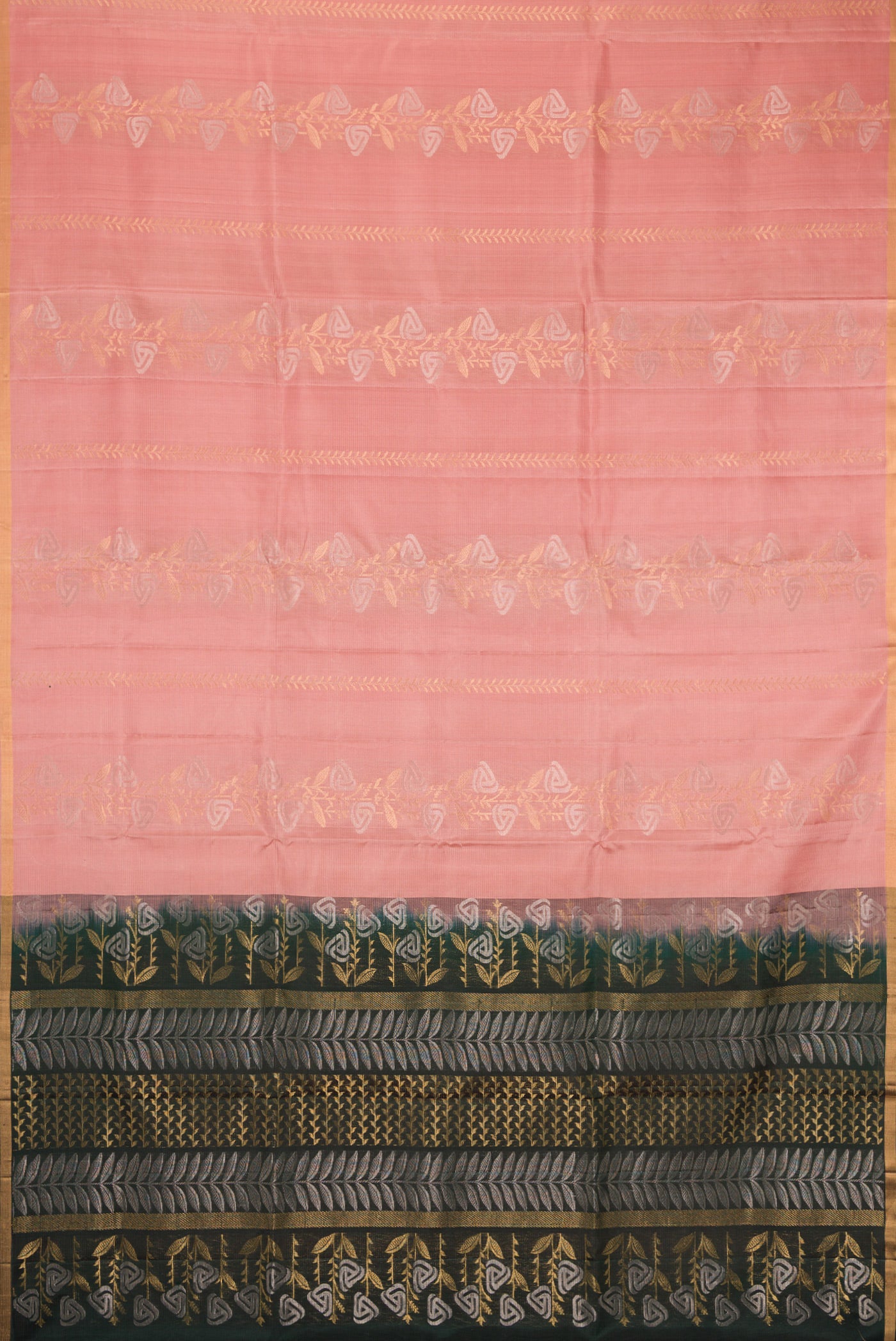 Flat view of Golden Peach Dual Tone Soft Silk Saree with Zari Butta on the body and Zari Border. 