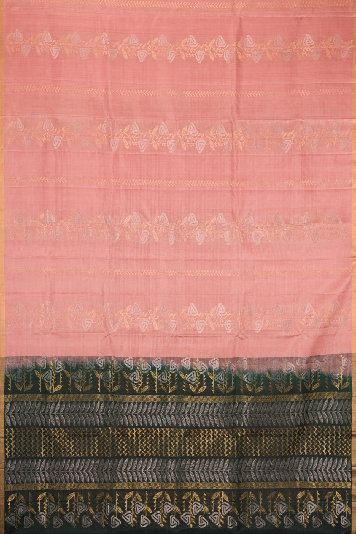 Flat view of Golden Peach Dual Tone Soft Silk Saree with Zari Butta on the body and Zari Border. 