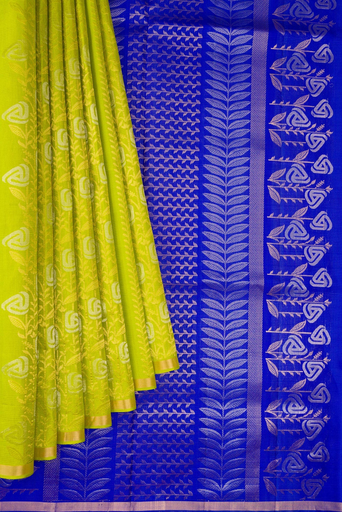 Pleats and pallu of Parrot Green Dual Tone Soft Silk Saree with Zari Butta on the body and Zari Border. 