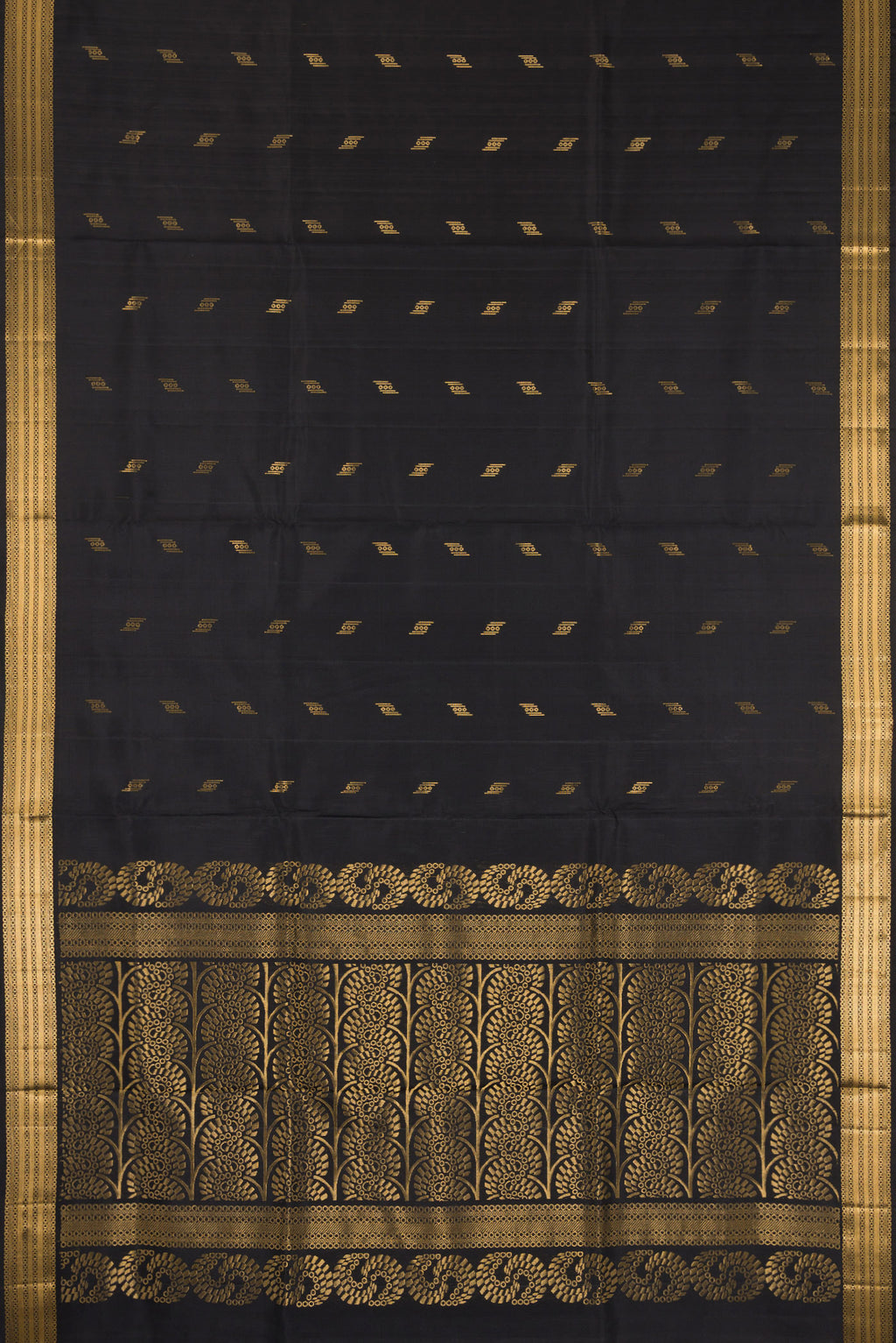 Flat view of Black Dual Tone Soft Silk Saree with Zari Butta on the body and Zari Border. 