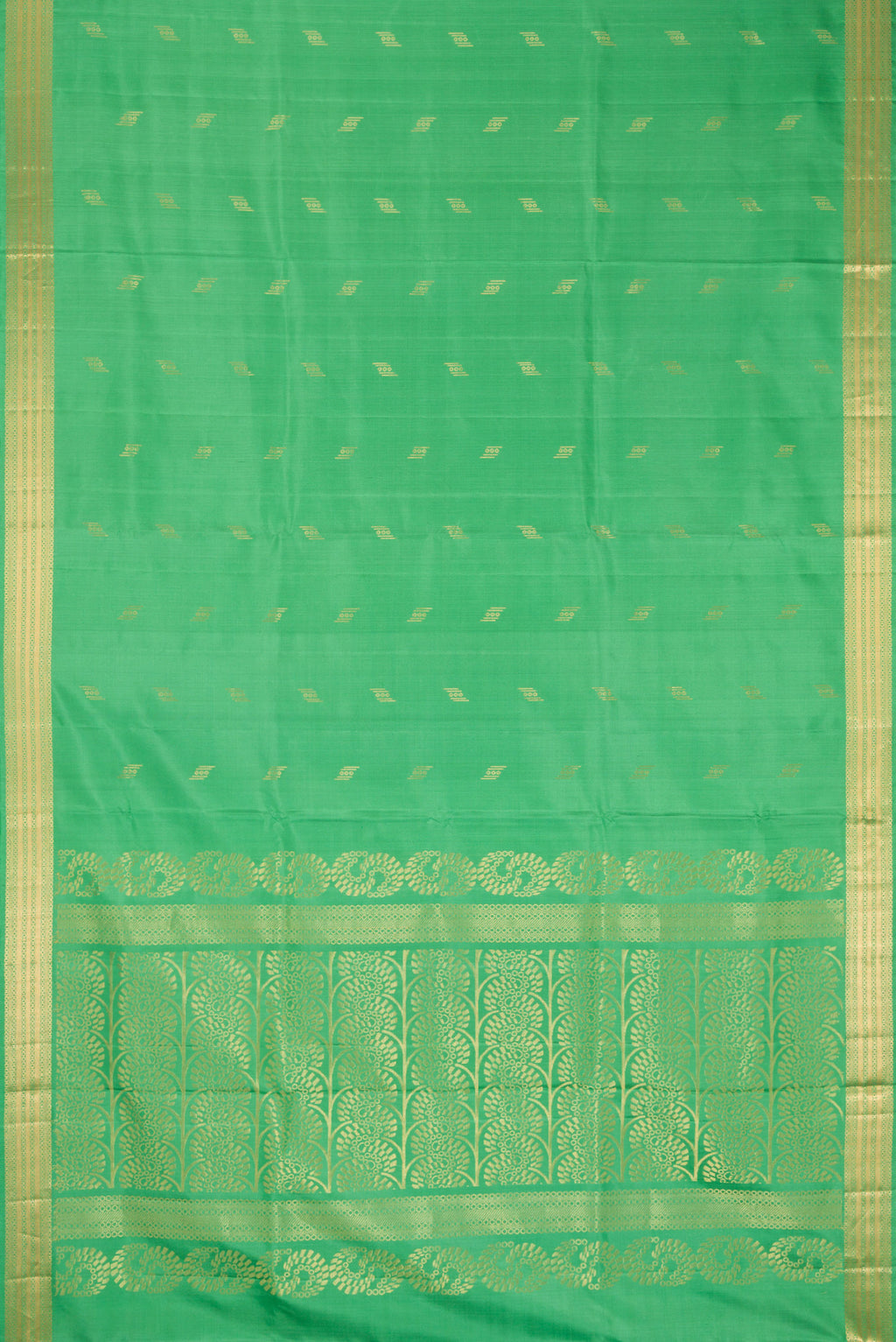 Flat view of Pista Green Dual Tone Soft Silk Saree with Zari Butta on the body and Zari Border. 