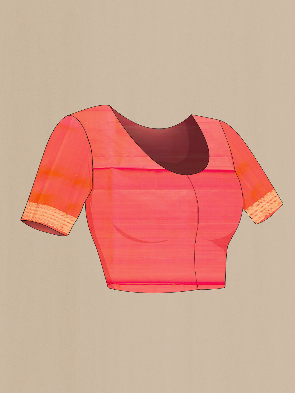 Close up image of the blouse of Coral Dual Tone Soft Silk Saree with Zari Butta on the body and Zari Border. 