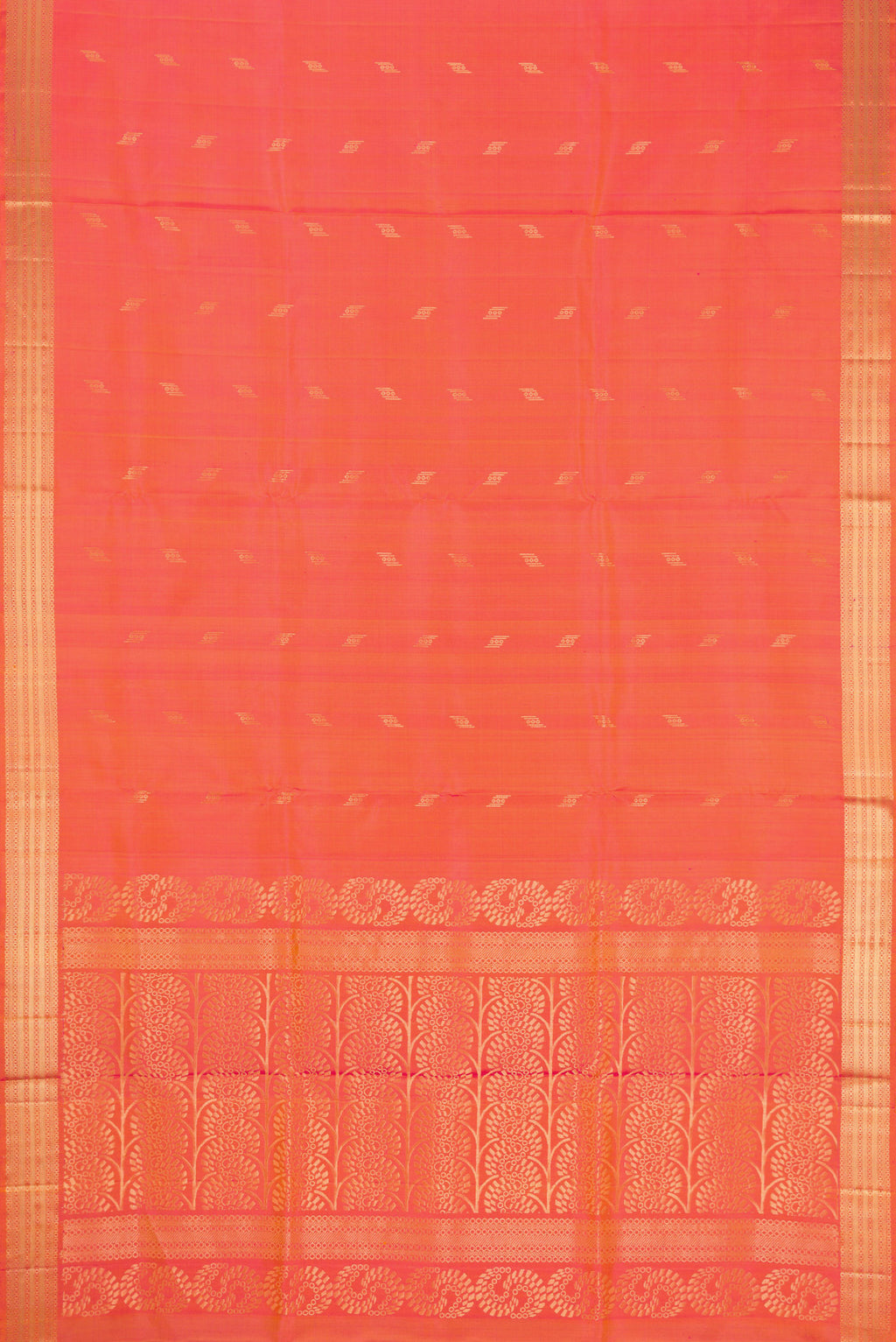 Flat view of Coral Dual Tone Soft Silk Saree with Zari Butta on the body and Zari Border. 