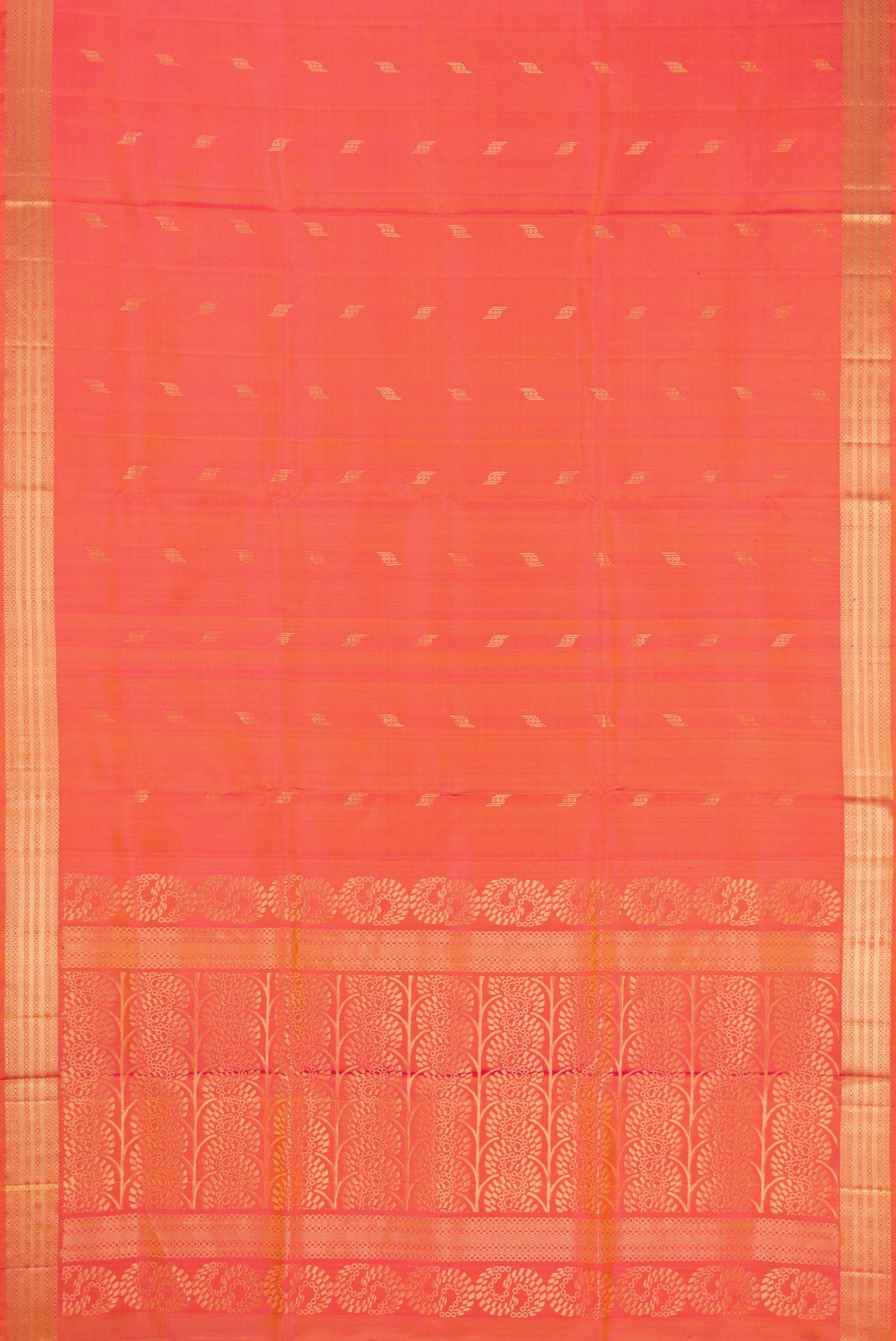 Flat view of Coral Dual Tone Soft Silk Saree with Zari Butta on the body and Zari Border. 