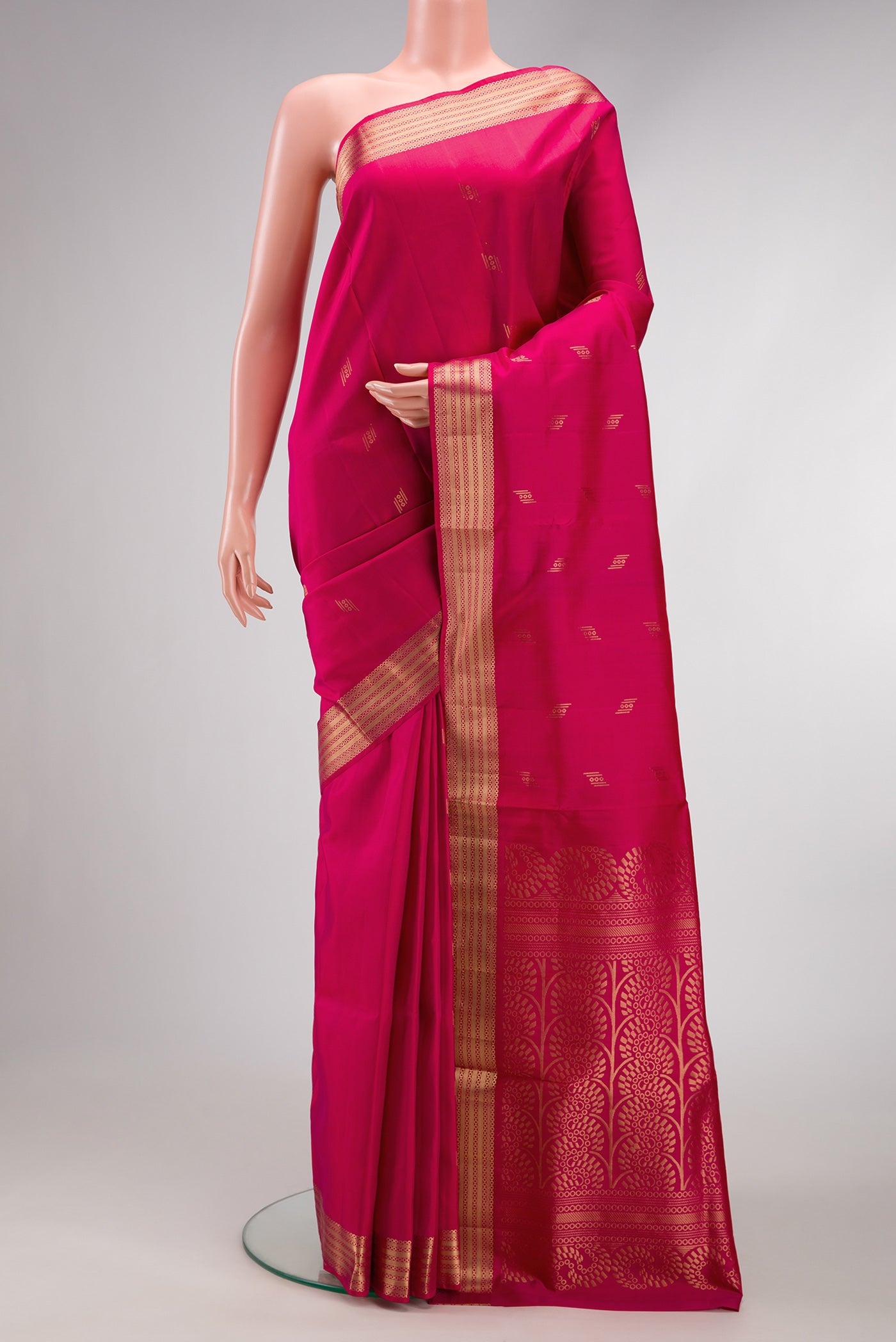 Dark Pink Dual Tone Soft Silk Saree with Zari Butta on the body and Zari Border.  displayed on a mannequin