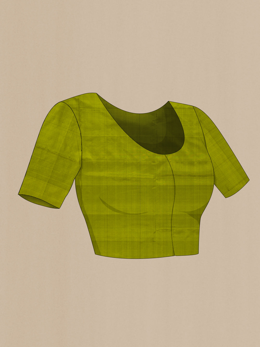Close up image of the blouse of Parrot Green and Royal Blue Color Soft Silk Saree with Checked design on the body and Checks Border. 