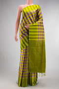 Parrot Green and Royal Blue Color Soft Silk Saree with Checked design on the body and Checks Border.  displayed on a mannequin