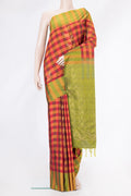Multi Color Soft Silk Saree with Checked design on the body and Zari Border.  displayed on a mannequin