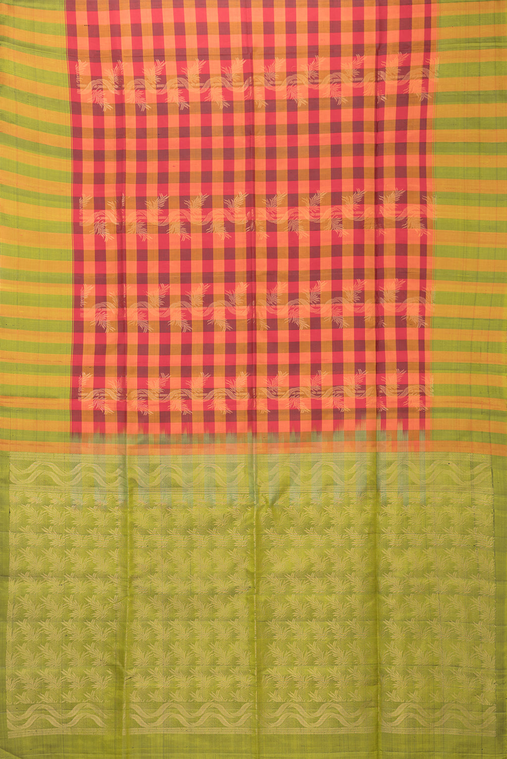 Flat view of Multi Color Soft Silk Saree with Checked design on the body and Zari Border. 