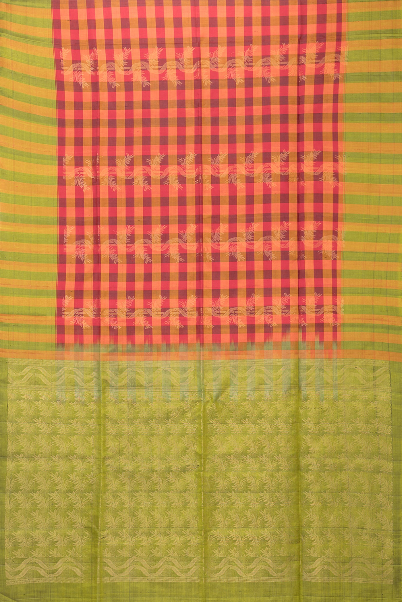 Flat view of Multi Color Soft Silk Saree with Checked design on the body and Zari Border. 