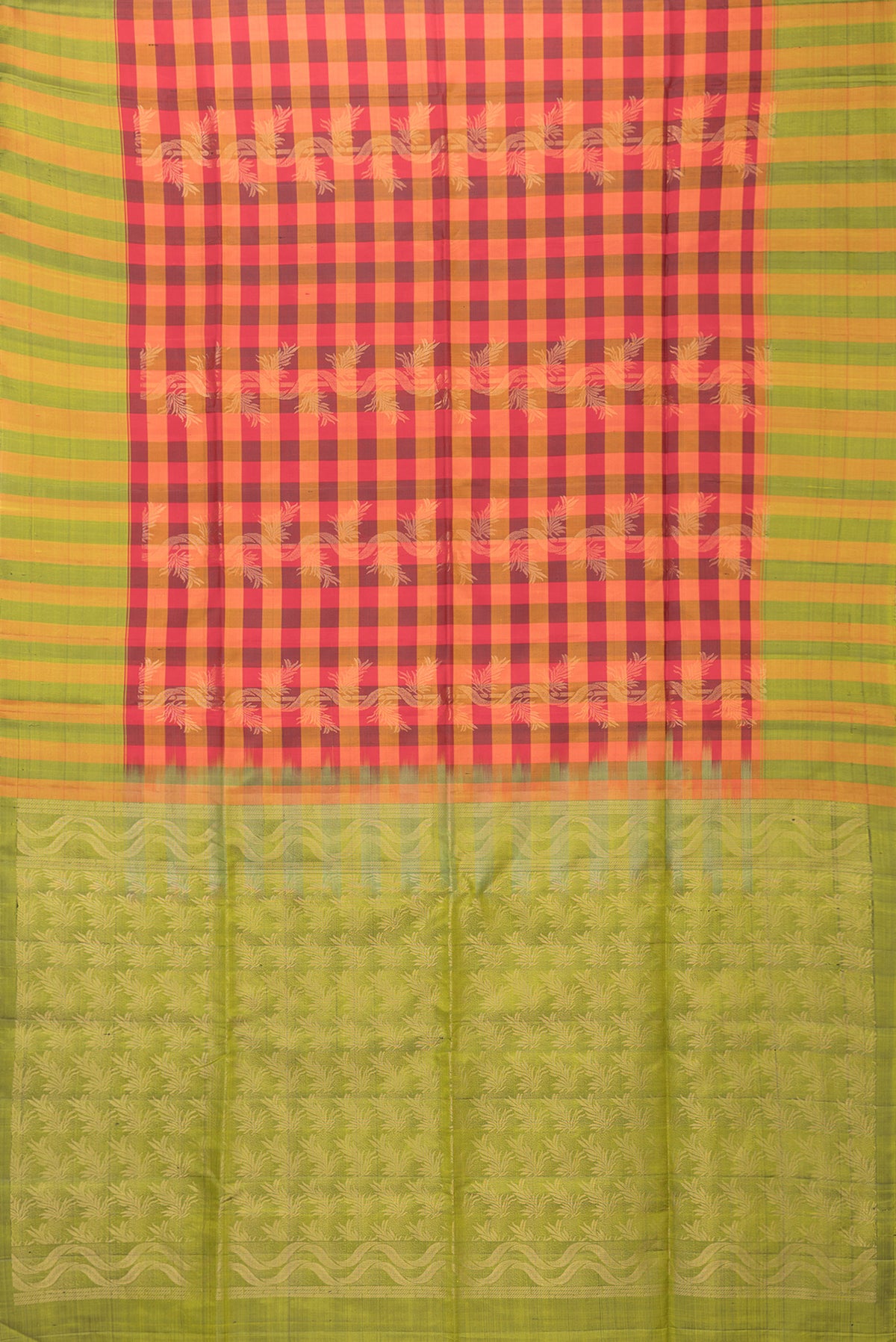 Flat view of Multi Color Soft Silk Saree with Checked design on the body and Zari Border. 