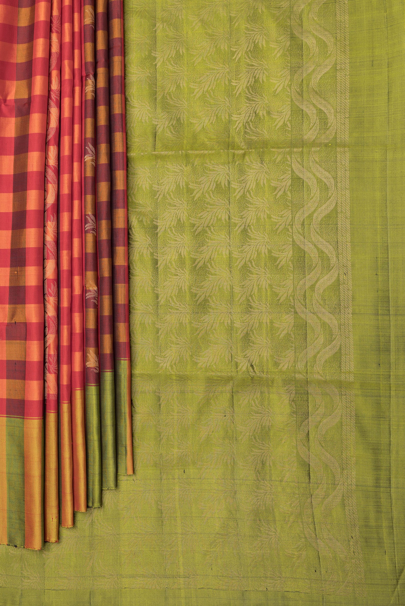 Pleats and pallu of Multi Color Soft Silk Saree with Checked design on the body and Zari Border. 