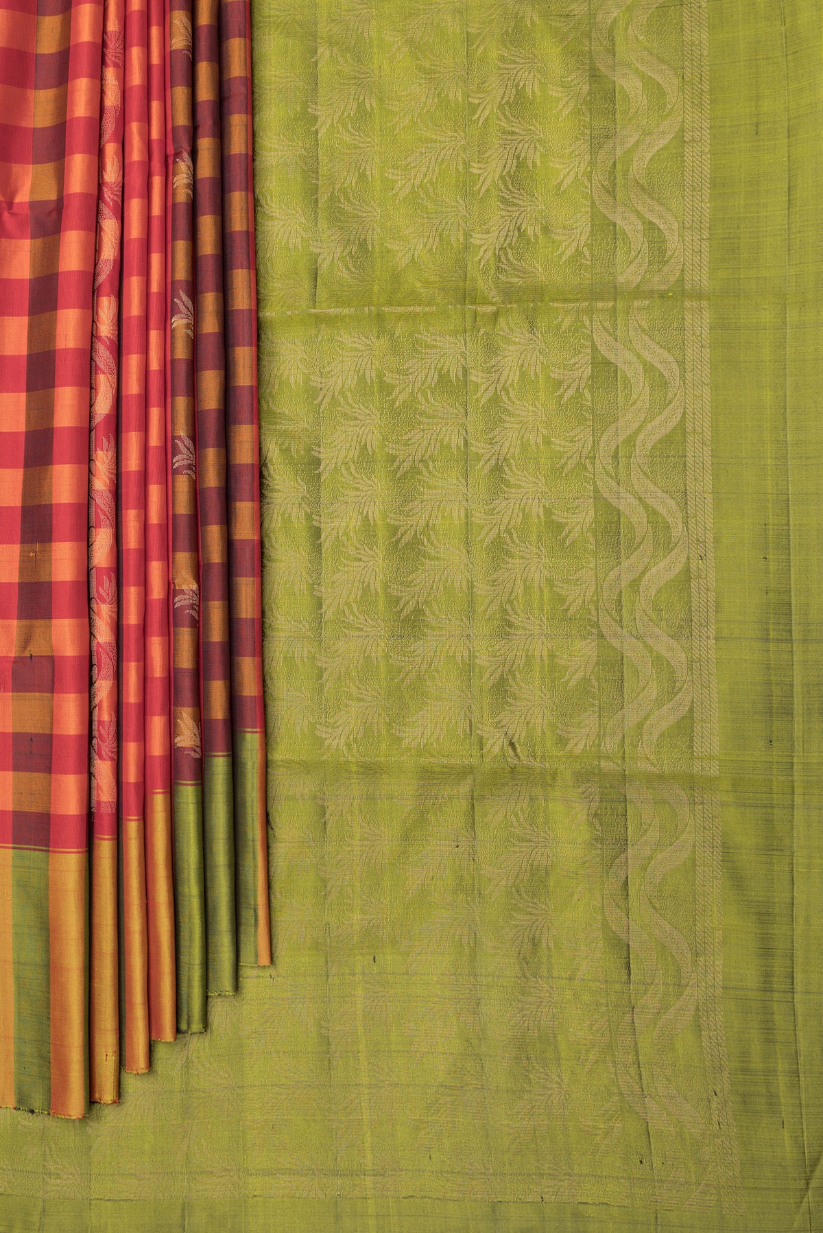 Pleats and pallu of Multi Color Soft Silk Saree with Checked design on the body and Zari Border. 