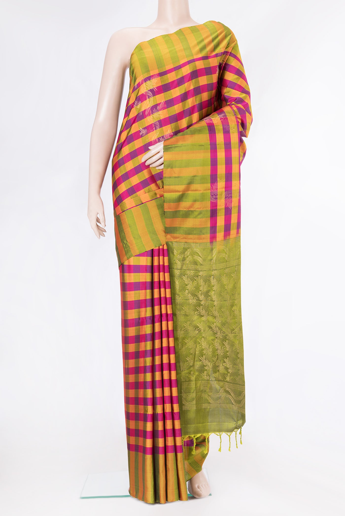 Multi Color Soft Silk Saree with Checked design on the body and Zari Border.  displayed on a mannequin