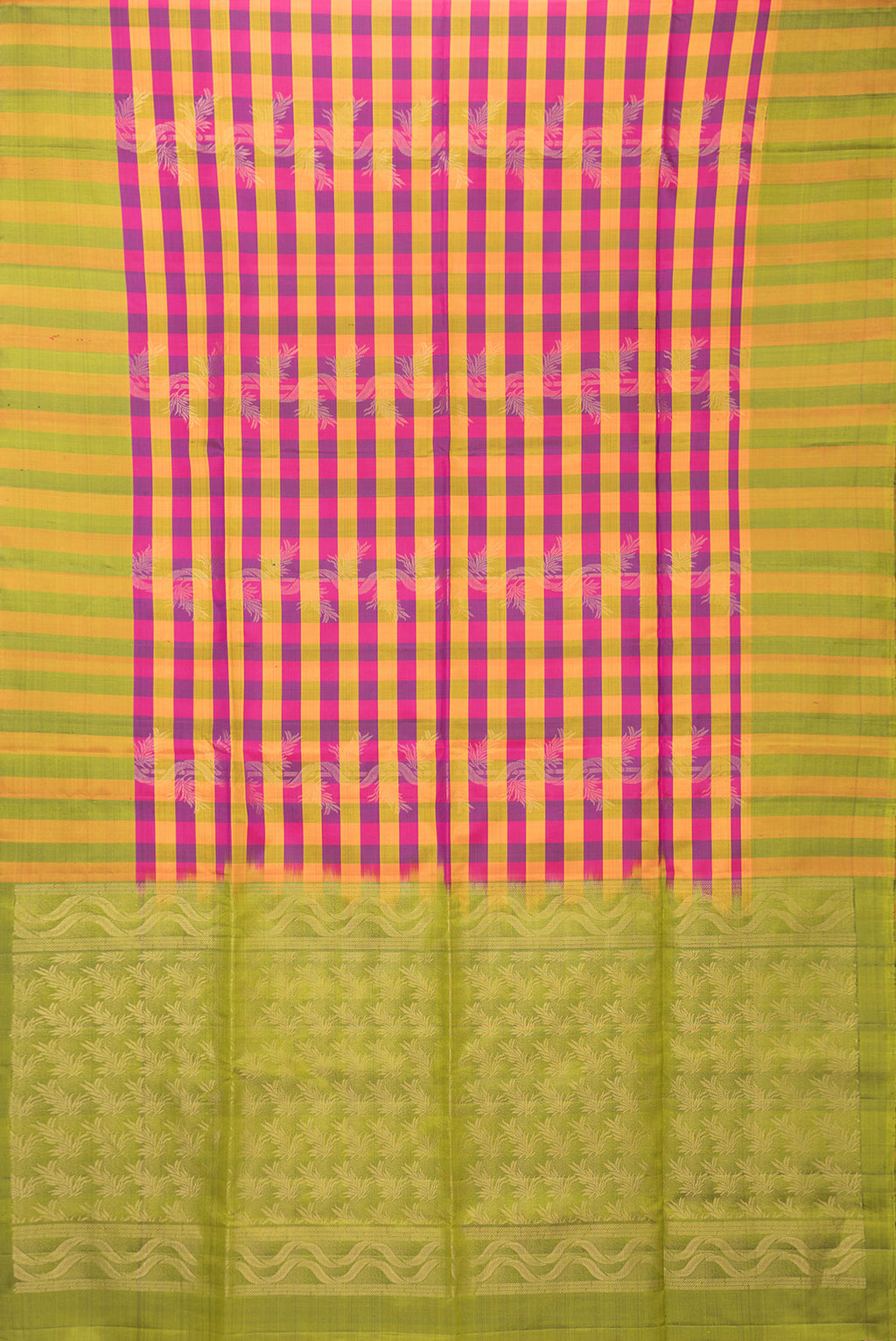 Flat view of Multi Color Soft Silk Saree with Checked design on the body and Zari Border. 