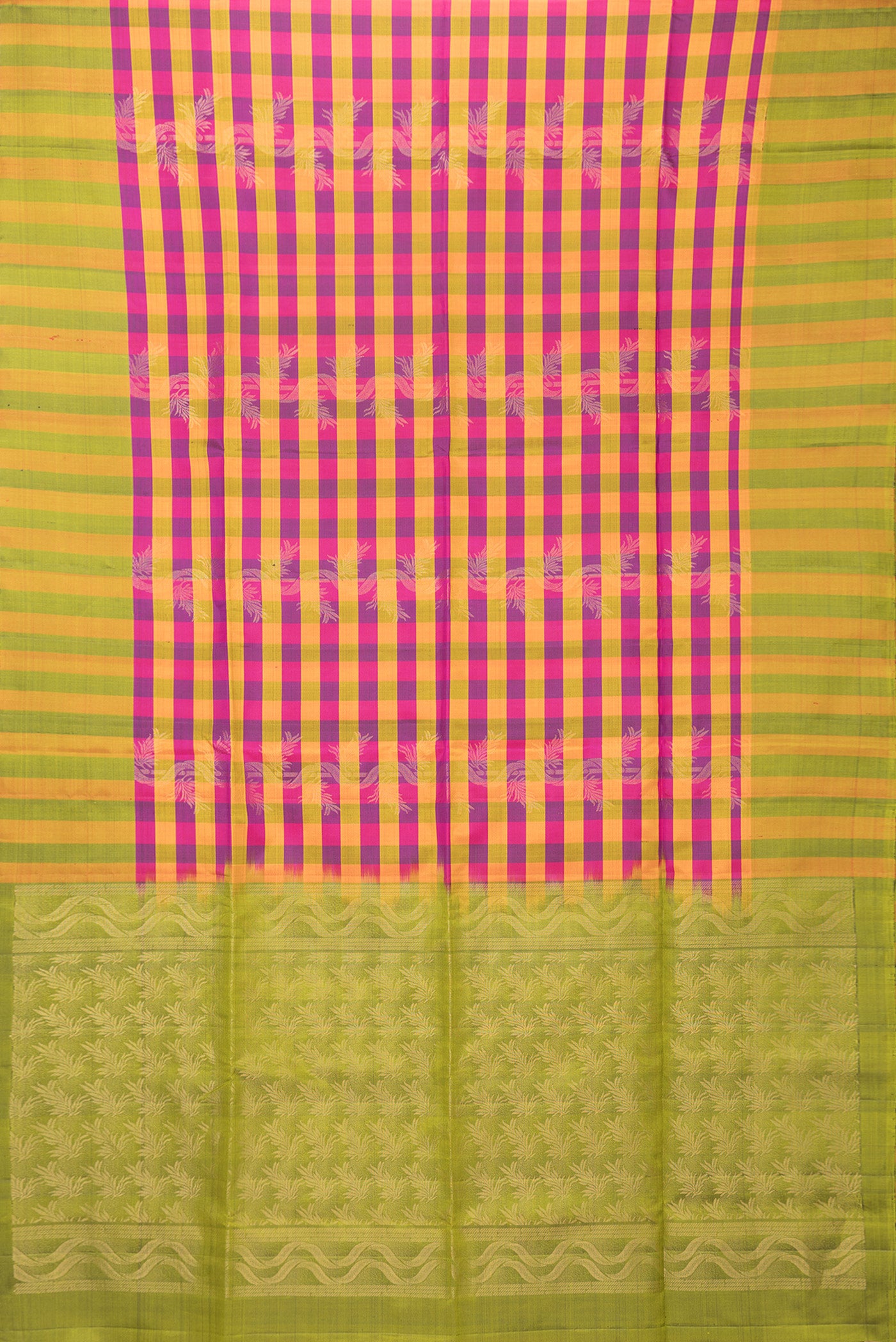 Flat view of Multi Color Soft Silk Saree with Checked design on the body and Zari Border. 