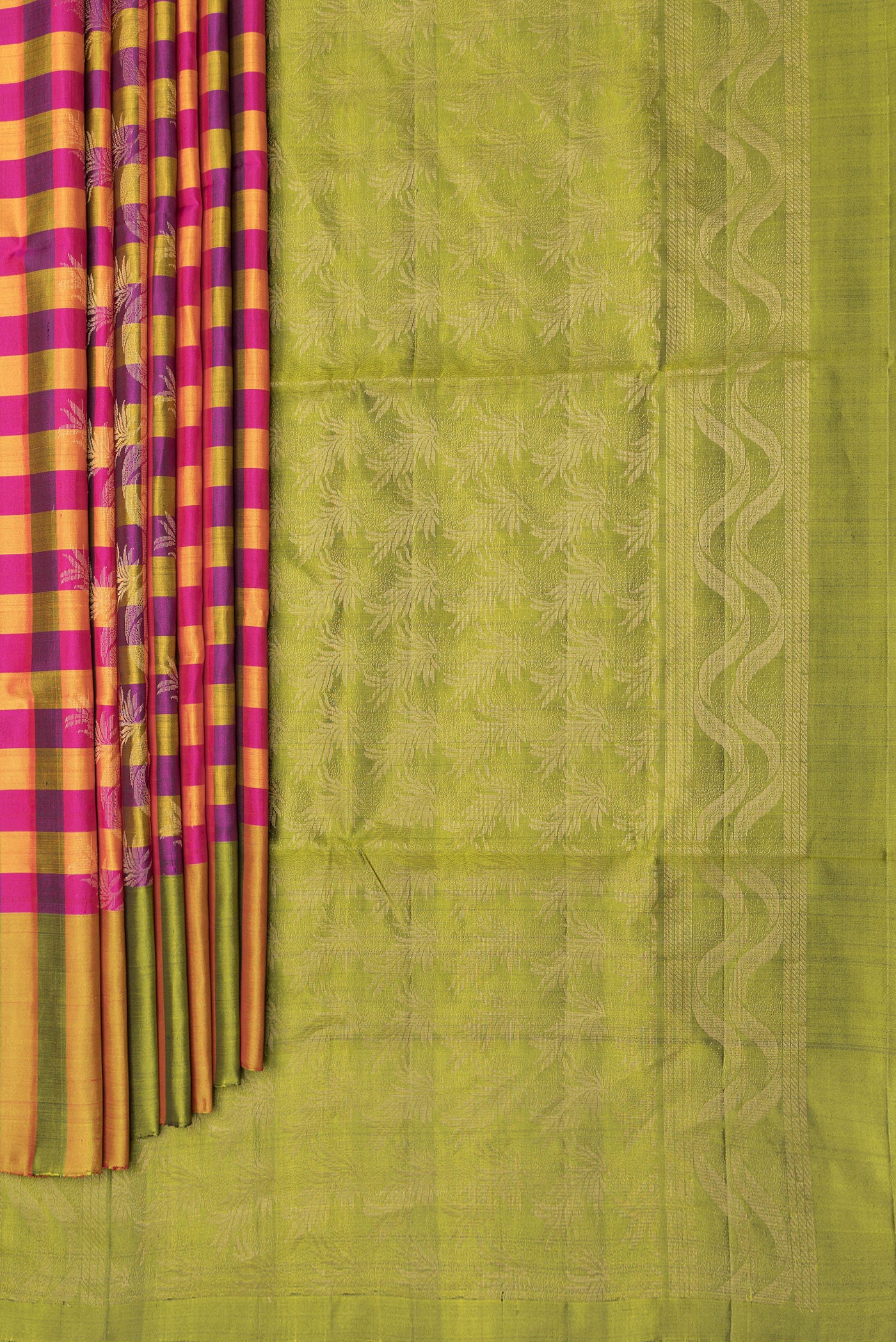 Pleats and pallu of Multi Color Soft Silk Saree with Checked design on the body and Zari Border. 