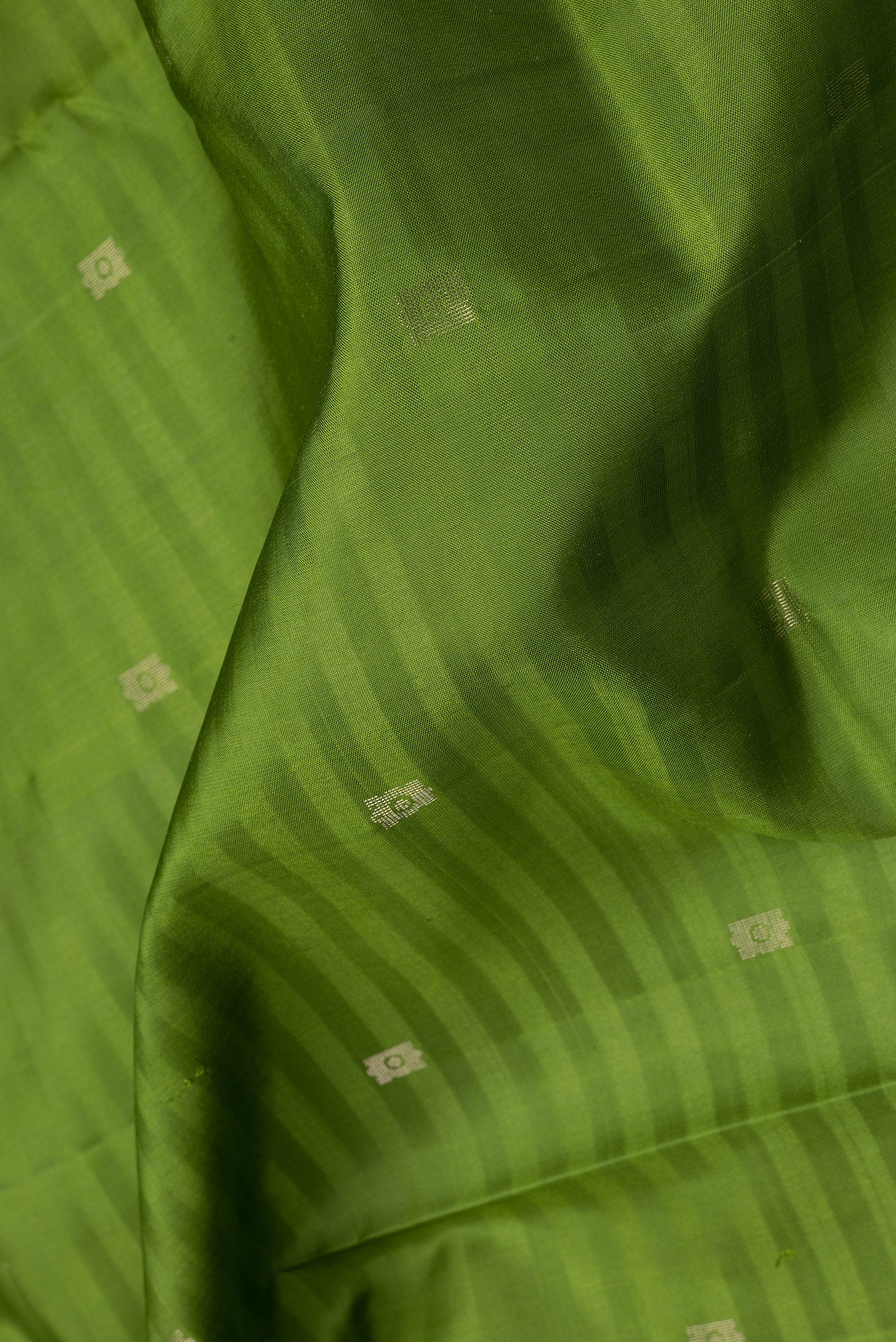 Close up of Green Soft Silk Saree with Zari Butta on the body and Fancy Border.  displaying folds