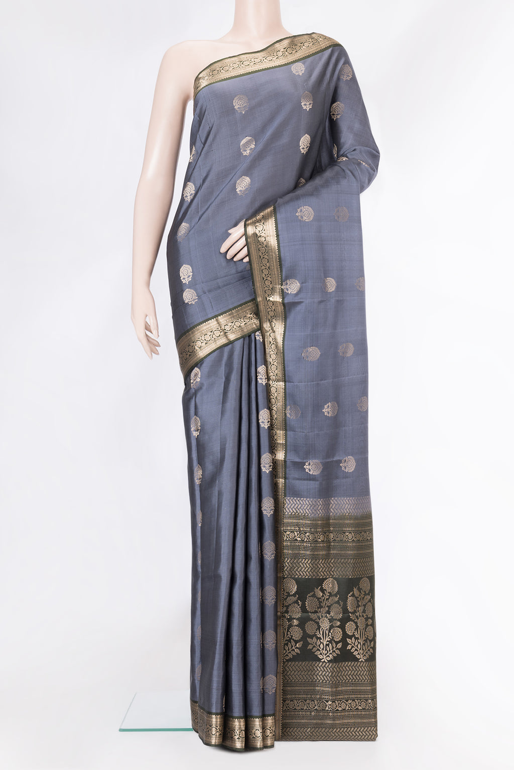 Grey Dual Tone Soft Silk Saree with Zari Butta on the body and Zari Border.  displayed on a mannequin