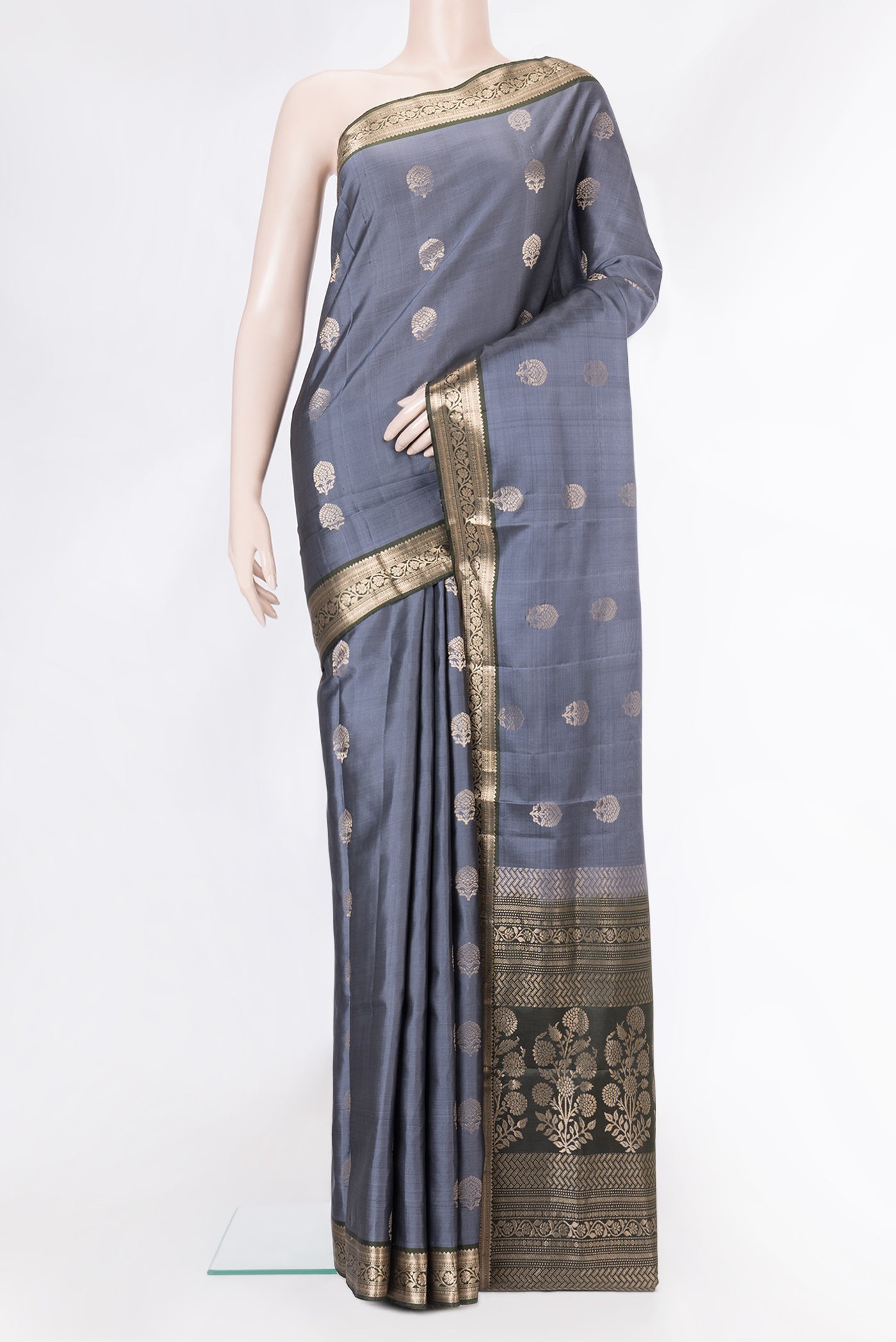 Grey Dual Tone Soft Silk Saree with Zari Butta on the body and Zari Border.  displayed on a mannequin