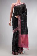 Black Dual Tone Soft Silk Saree with Zari Butta on the body and Zari Border.  displayed on a mannequin