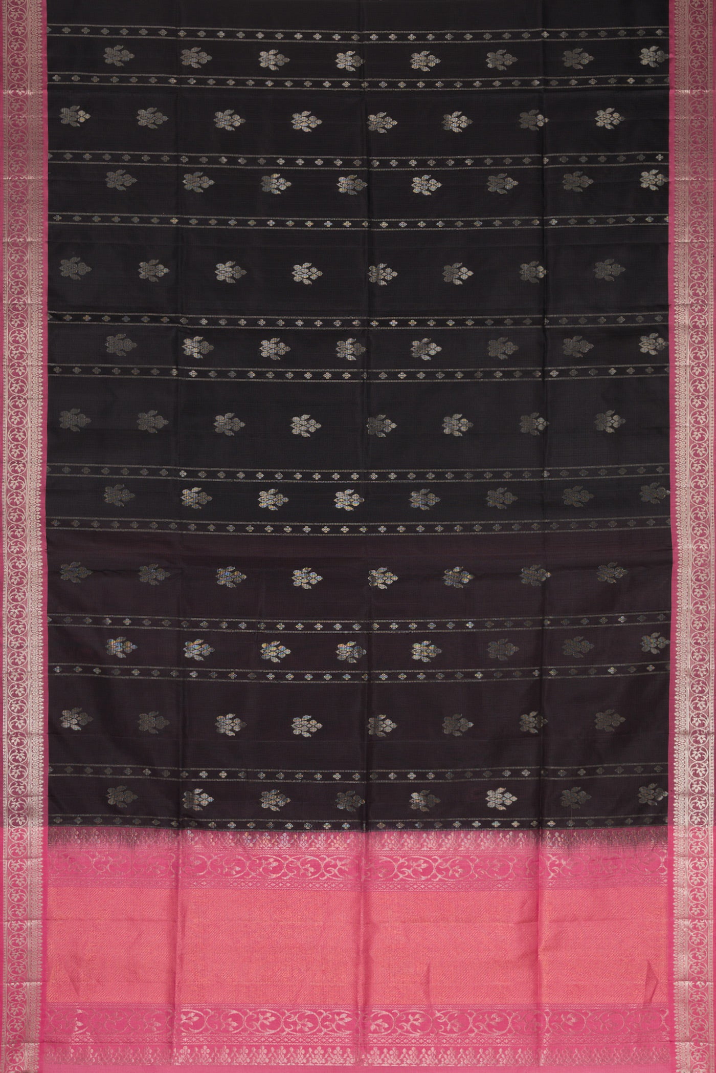 Flat view of Black Dual Tone Soft Silk Saree with Zari Butta on the body and Zari Border. 
