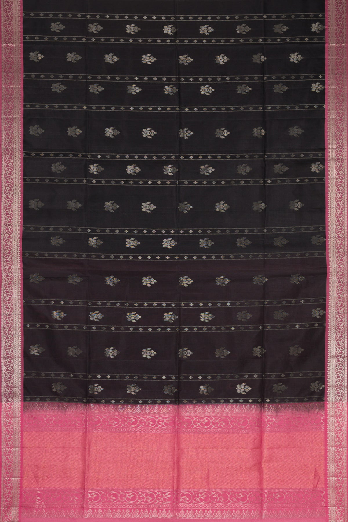 Flat view of Black Dual Tone Soft Silk Saree with Zari Butta on the body and Zari Border. 