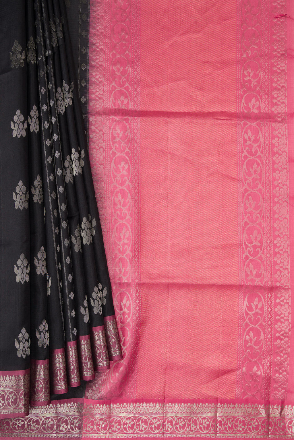 Pleats and pallu of Black Dual Tone Soft Silk Saree with Zari Butta on the body and Zari Border. 
