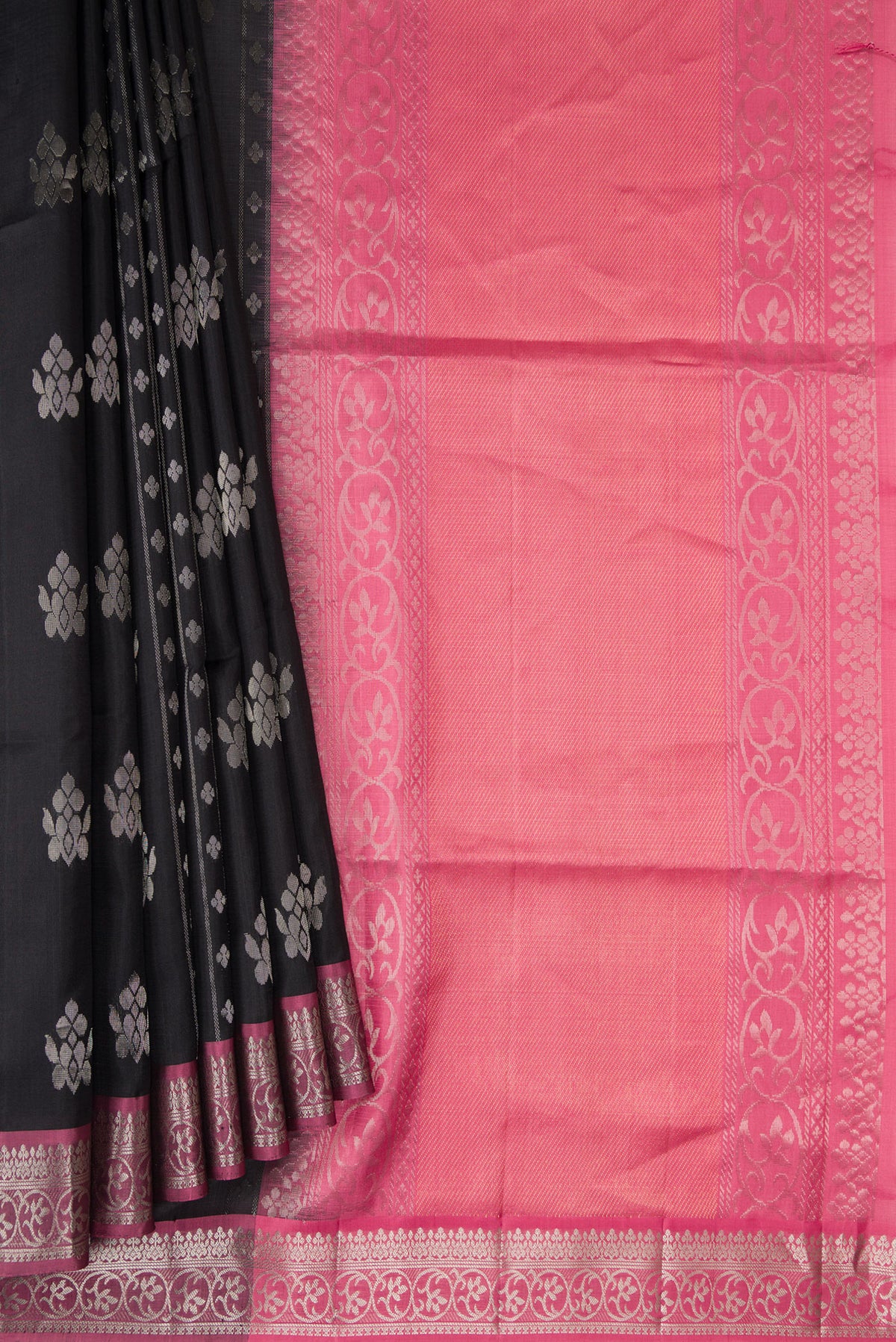 Pleats and pallu of Black Dual Tone Soft Silk Saree with Zari Butta on the body and Zari Border. 