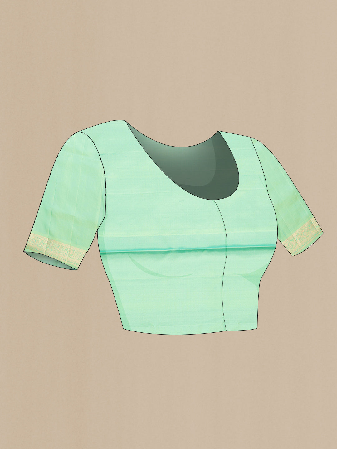Close up image of the blouse of Sea Green Dual Tone Soft Silk Saree with Zari Butta on the body and Zari Border. 