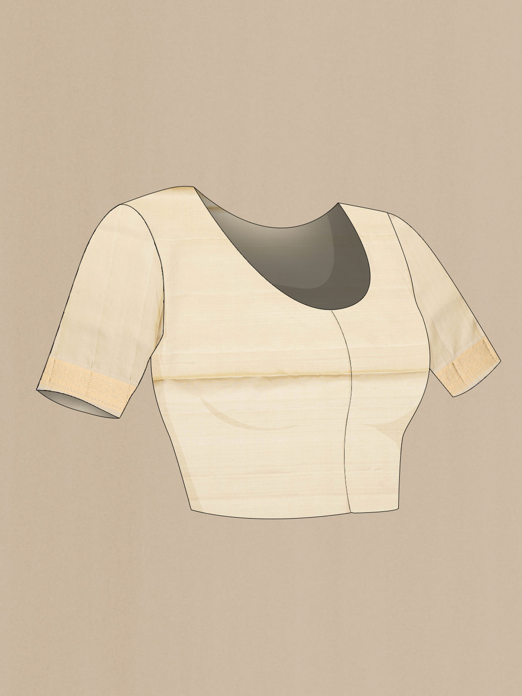 Close up image of the blouse of Beige Soft Silk Saree with Zari Butta on the body and Zari Border. 
