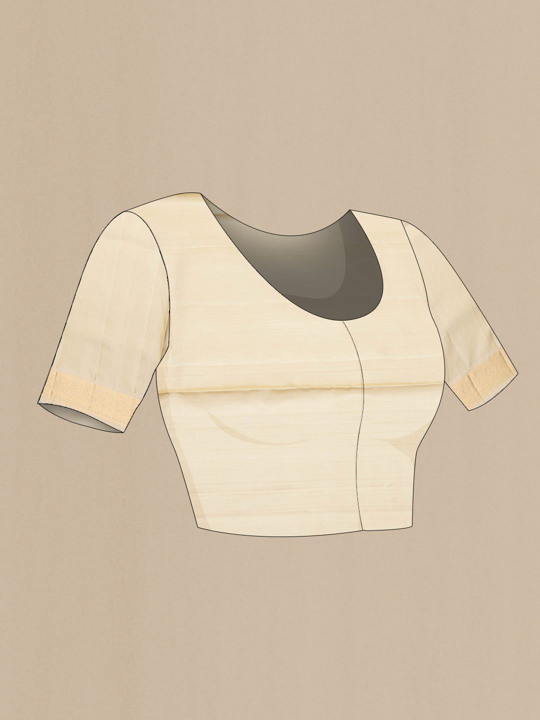 Close up image of the blouse of Beige Soft Silk Saree with Zari Butta on the body and Zari Border. 